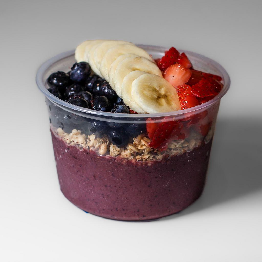Berry Yum Bowl · BASE: Acai, strawberry, banana, blueberry, house-made almond milk 
TOPPINGS: Organic granola, blueberries, strawberries, bananas