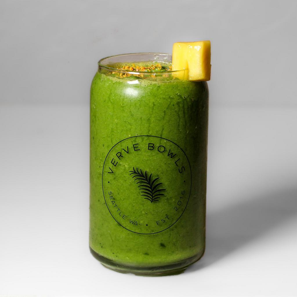 Bee Green Smoothie · Green smoothie spinach, kale, mango, pineapple, ginger, bee pollen, house lemon juice and water.