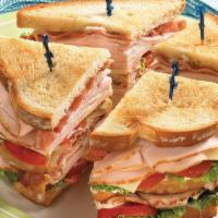 CLASSIC TURKEY CLUB · Triple slices bread .with  turkey. Swiss cheese.bacon.lettuce tomato .french fries.mayonnais...