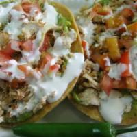 Tostadas · Refried beans, lettuce, pico de Gallo , sour cream, avocado with choice of meat:grilled chic...