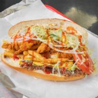 Fat Force Sandwich · Cheese steak, chicken fingers, mozzarella sticks, french-fries, ketchup, mayo, lettuce, toma...