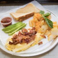 Monterey Omelet Platter · Scrambled eggs, bacon, avocado, Jack cheese, and salsa. Served with your choice of toast and...