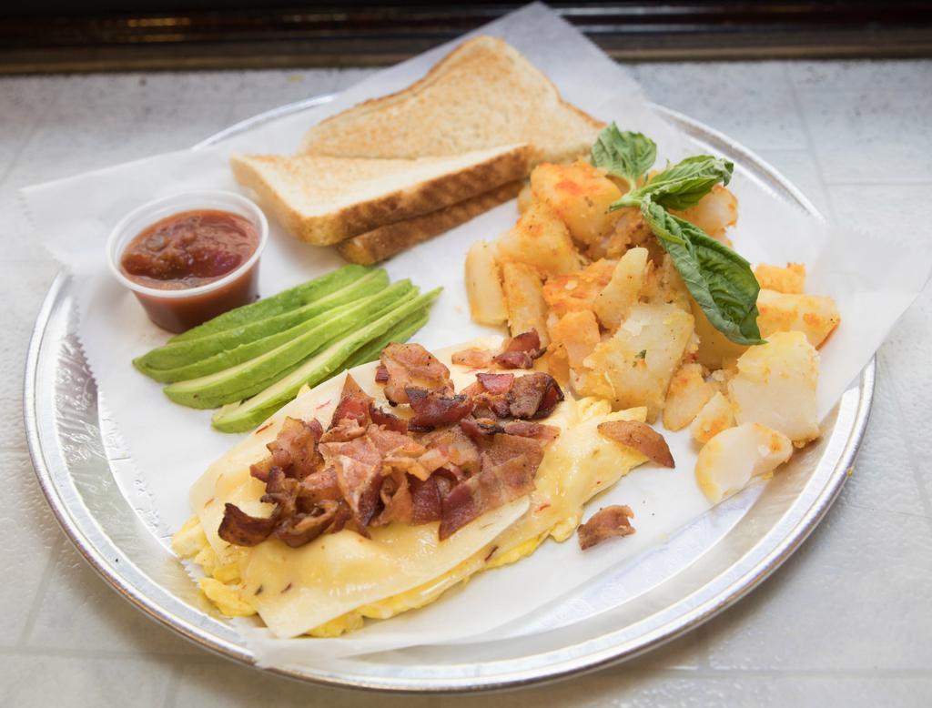 Monterey Omelet Platter · Scrambled eggs, bacon, avocado, Jack cheese, and salsa. Served with your choice of toast and your choice of side.