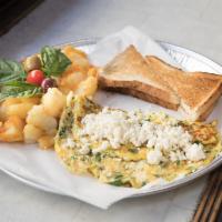 Florentine Omelet Platter · Scrambled eggs, feta cheese, and spinach. Served with your choice of toast and your choice o...