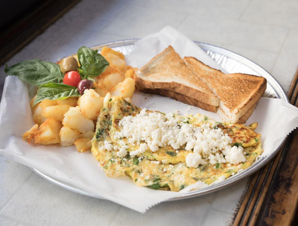 Florentine Omelet Platter · Scrambled eggs, feta cheese, and spinach. Served with your choice of toast and your choice of side.