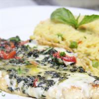 Florentino · Topped with spinach, roasted peppers and mozzarella cheese in a white wine sauce. Served wit...