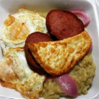 Tres Golpes Breakfast/Mangu · Mashed green plantains w/ salami, cheese and eggs any style