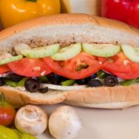 Vegetarian Sub · Fresh cucumbers, tomatoes, lettuce, mushrooms, green peppers, black olives and ranch dressing.