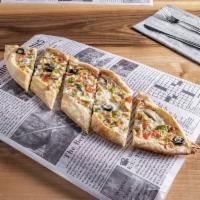 MIxed Veggie Pide · Turkish style long pizza with shredded mozzarella and artichokes, mushroom's, olives, pepper.