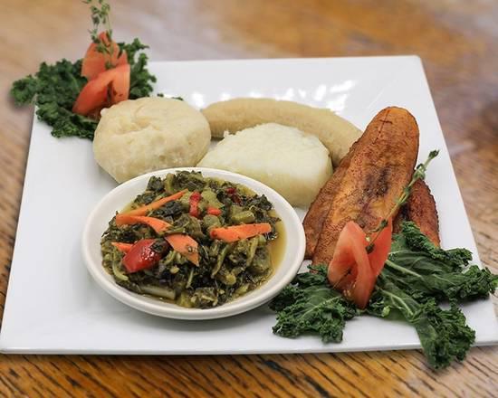 Callaloo and Codfish Breakfast · Sautéed tomato, red pepper, green pepper and onion lightly seasoned and mixed with codfish and callaloo.
