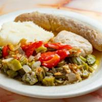 Okra and Codfish Breakfast · Sautéed okra, tomato, red pepper, green pepper and onion lightly seasoned and simmered down ...