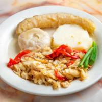 Codfish Breakfast · Stir fried codfish tossed with tomato, red pepper, green pepper and onion lightly seasoned. 
