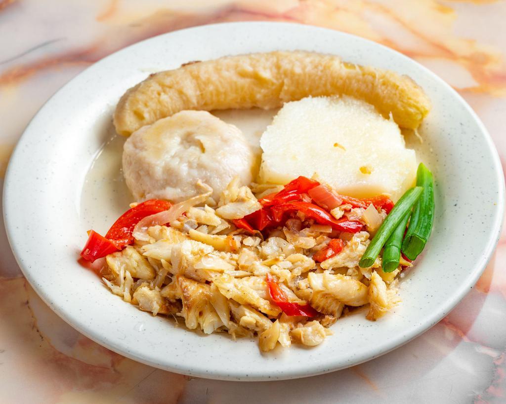 Codfish Breakfast · Stir fried codfish tossed with tomato, red pepper, green pepper and onion lightly seasoned. 
