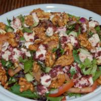 2. Spring Salad · Assorted mixed greens. Tomatoes, cucumbers, red onions, candied walnuts and cranberry-infuse...