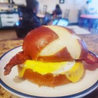Pretzel Bun Breakfast Sandwich · Our pretzel bun filled with your breakfast favorites