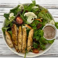 Chicken Garden Salad · Grilled chicken, green mix, cauliflower, carrots, grape tomatoes, red onions, bacon with bal...