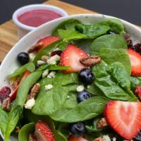 Berry Spinach Salad · Baby spinach, strawberries, blueberries, dried cherries, pecans, gorgonzola with Berrie's vi...