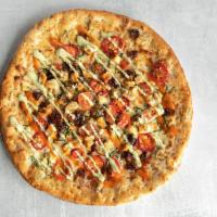 Spicy Buffalo Chicken Pizza · Roasted habanero ranch sauce, grilled chicken, red jalapeno, baby spinach, red onion, grape ...