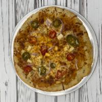 Tequila BBQ Chicken Pizza · Tequila BBQ sauce, grilled chicken, red onions, jalapenos.
