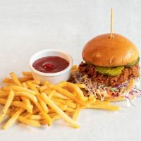 Nashville Fried and Spicy Sandwich · Crispy Nashville-style hot chicken, sriracha aioli, pickles and coleslaw.
