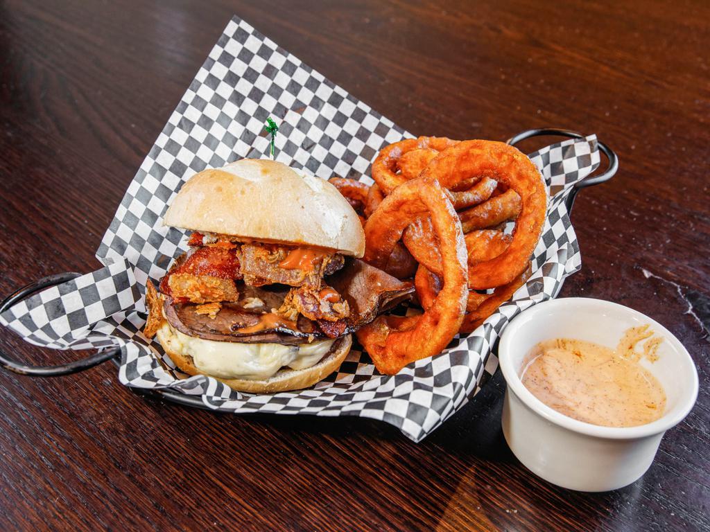 Western Willow Burger · Grilled roast beef, bacon, fried onions, pepper jack cheese and 