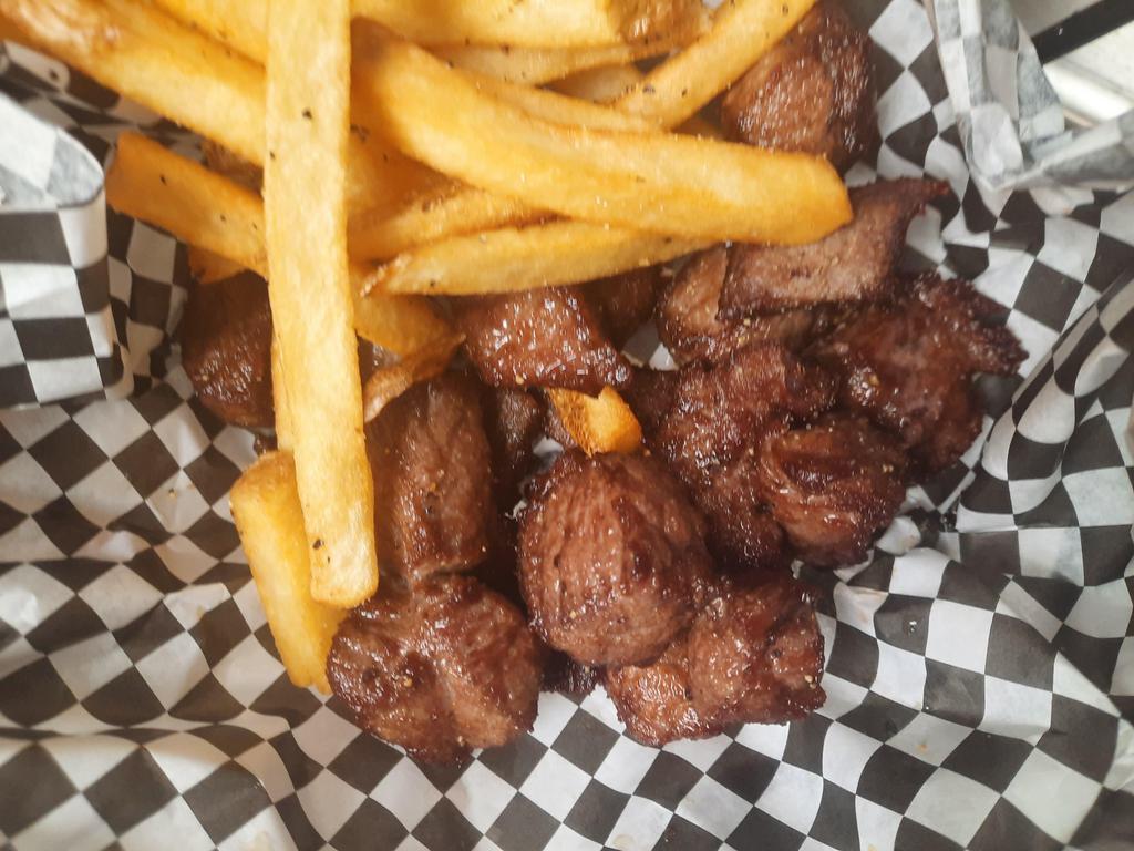 Chislic and Fries Basket · 1/2 lb. Season it up with any of our dry rubs or sauce. Add sauteed peppers and onions for an additional charge. 