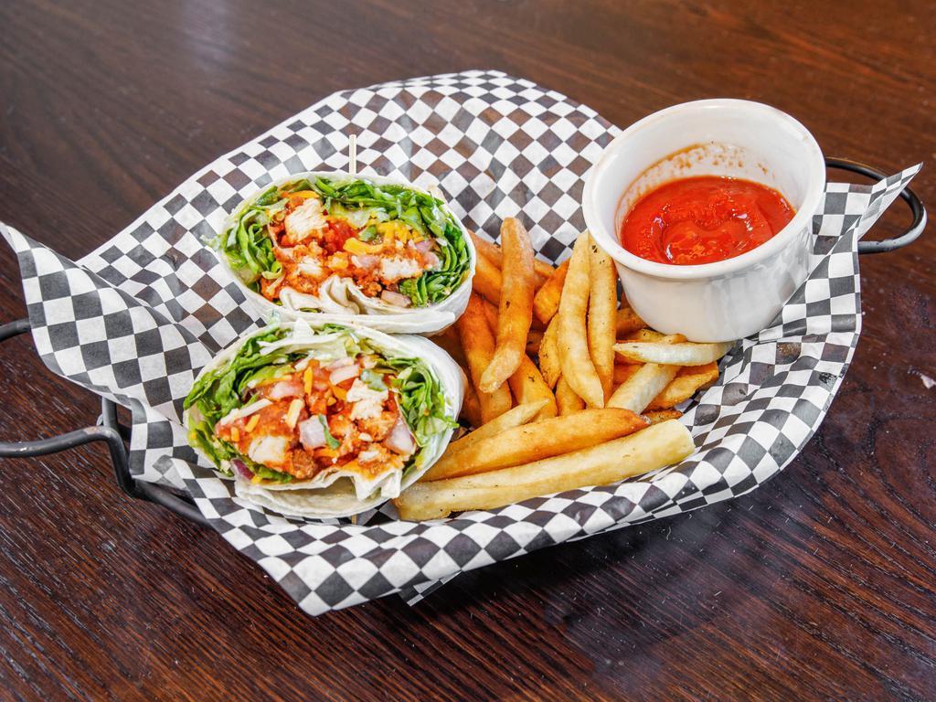 Buffalo Chicken Wrap · 
Choice of diced grilled chicken or crispy chicken tossed in Buffalo sauce, fresh lettuce, 3 cheese blend, tomatoes, red onion, bacon, crouton and choice of dressing.

