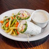 Chef Wrap · Smoked turkey, ham, fresh lettuce, 3 cheese blend,  red onion, tomatoes, hard-boiled egg, cr...