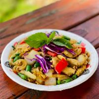 10. Pad Kee Mao Kai · Chicken rice noodles, egg sauteed with bell pepper, onion, and green beans in a spicy basil ...
