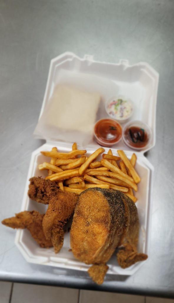 2 catfish steaks and 2 chicken wings  · 2 catfish steaks, 2 Chicken wings, fries with bread, coleslaw and Pop or Lemonade 