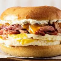 Smokehouse Brisket Egg · Egg, Brisket, cheddar, with Jalapeno cream cheese on a plain bagel
