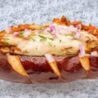 Sloppy Joe Cheese Dawg (Vegan) · Spicy Beyond Sausage, topped with GAB'S Sloppy Joe sauce,Mozzarella cheese, chopped onions, ...
