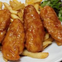 Buffalo Style Chicken Fingers · Chicken fingers available in four sizes, tossed in wing sauce, and served with french fries.