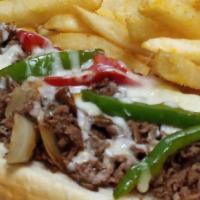 Ubetcha Cheese Steak · Fresh and thinly shaved steak seasoned and mozzarella cheese served on a hoagie roll.