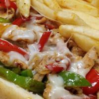 HYH Chicken Cheese Steak · Fresh ＆ thinly cut chicken breast seasoned ＆ topped with mozzarella cheese served on a hoagi...