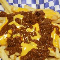 Chili Cheese Fries · Golden crisp french fries topped with beef chili and cheese.