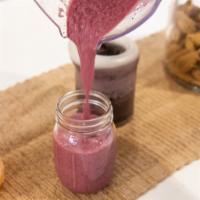 Very Berry Smoothie · Banana, mixed berries, almond milk, maca, lucuma, topped with chia seeds.