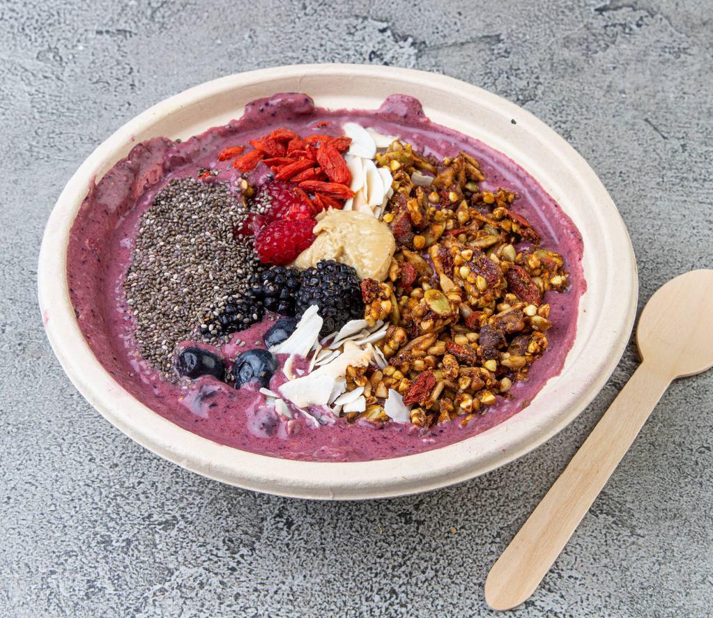 Acai Bowl · Banana, berries, chia, coconut milk, maca powder, lucuma powder. Topped with banana, chia seeds, goji berries, coconut shavings, homemade granola and amp cashew butter.