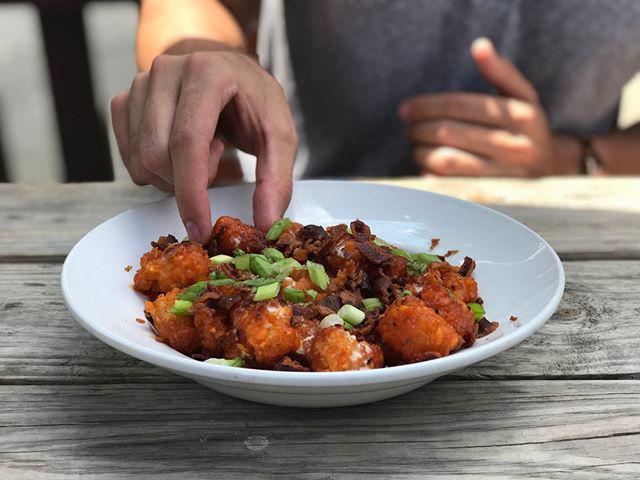 Buffalo Tots · Crispy golden brown tater tots, buffalo sauce, blue cheese dressing, chipped thick cut bacon and green onions.