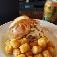 Queso Burger · Pico, jalapenos, jalapeno ranch, smothered in pepper jack queso, Cali Coleslaw on a toasted ...