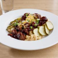 Brickhouse End Mac and Cheese · BBQ burnt ends,BBQ pulled pork or Grilled Buffalo Chicken Served with  pickles.