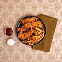 Fried Chicken Tenders Dinner · Four crispy chicken tenders with your choice of dipping sauce and a side.