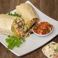 Elote Burrito · Shredded chicken, rice beans lettuce, fire-roasted corn poblano peppers, onions, Cotija and ...