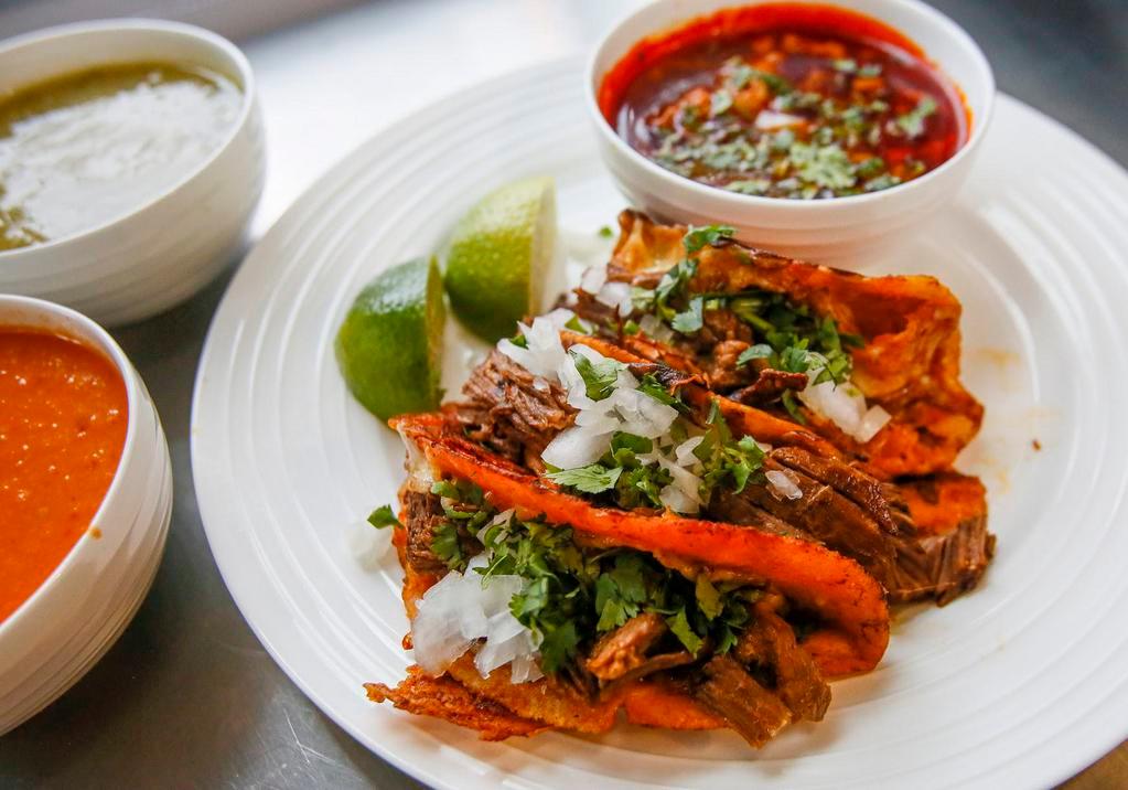 3 Quesirria Order · Grilled tortilla, cheese, birria, cilantro, onion and broth on the side.