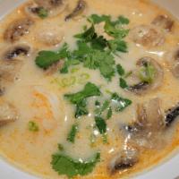 Tom Kha Soup · Mushroom in lemon grass and lime juice with coconut milk. Topped with cilantro and scallion. 