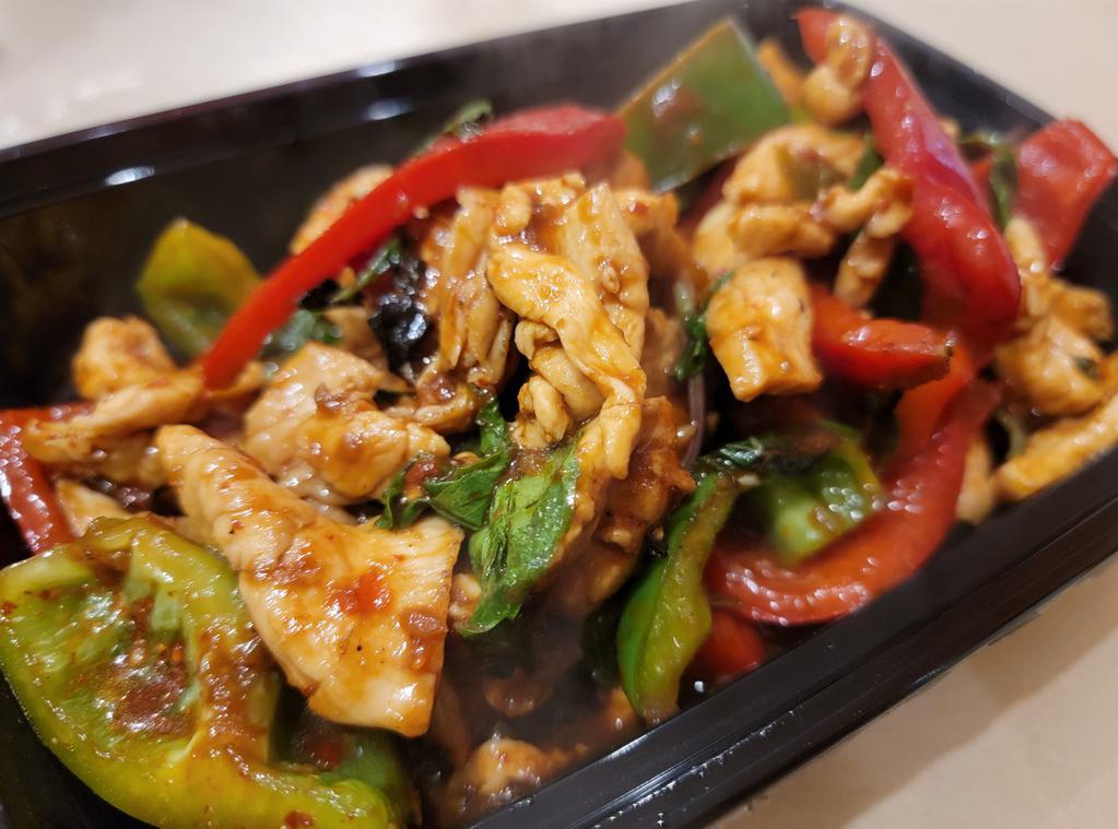 Basil Sauce · Sauteed with fresh basil leaves, chili paste, onion and bell pepper. Spicy.