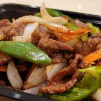 Mongolian Beef · Beef sauteed with bell pepper, onion, carrot and scallion.