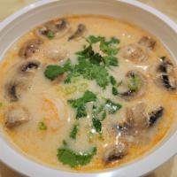 Tom Kha Ramen · Thai lemongrass, coconut milk and lime juice soup with Japanese ramen noodle, mushroom, scal...