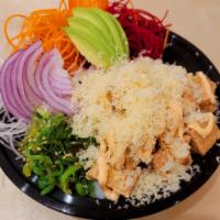 Tofu Poke Don · Fried tofu, tempura flake, spicy mayo with avocado, red onion, seaweed salad, carrot, daikon...