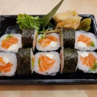 Japanese Bagel Roll · Salmon, cream cheese and scallion. Seaweed-out.